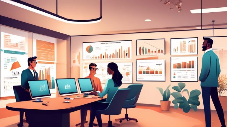 Create an illustration of a modern financial advisor's office, showcasing a diverse group of professionals discussing investment strategies. Include visual
