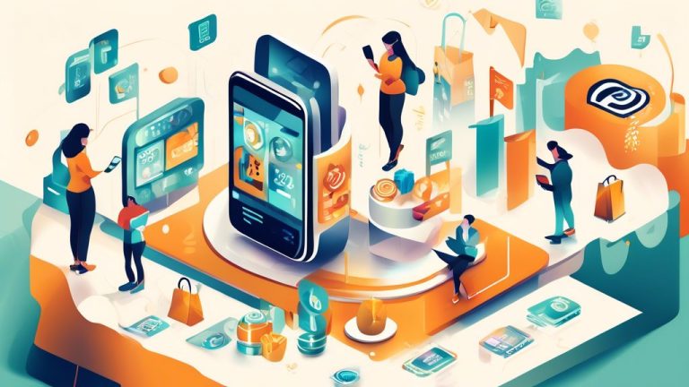 Create an informative and visually engaging illustration featuring a person using Apple Pay on their smartphone. Surround them with various icons represent