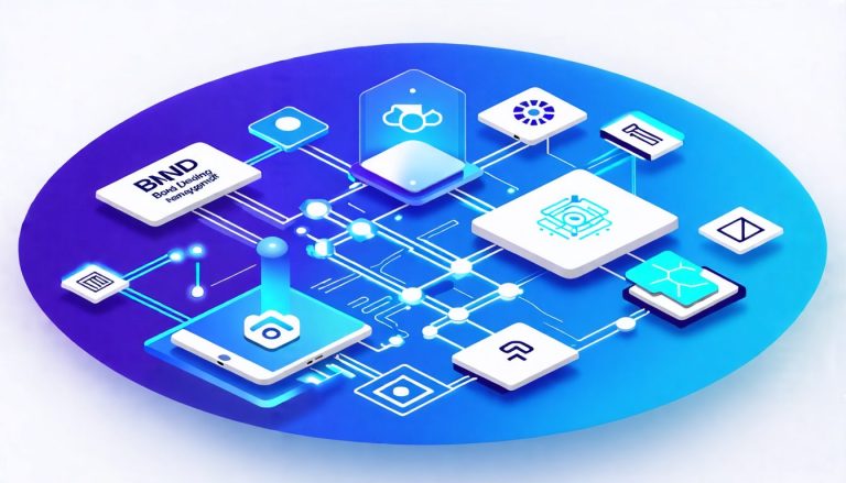 Create an informative illustration that visually represents the functions and applications of BND (Bonding, Networking, and Device Management). Include ele