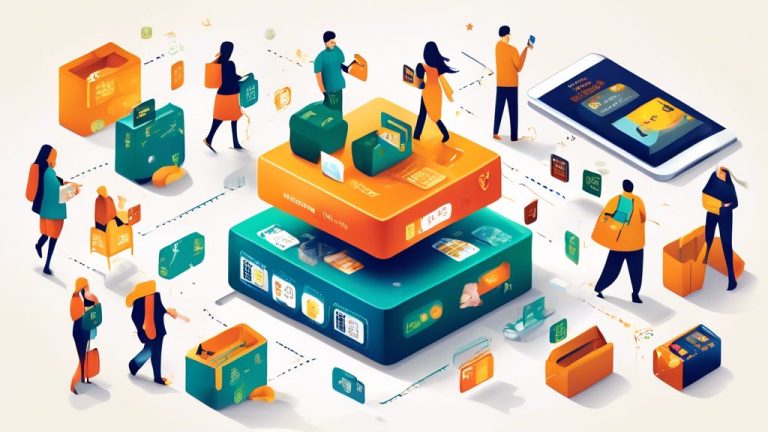 Create an illustration showing a modern credit card with the cube design, surrounded by icons representing different types of rewards such as cashback, tra