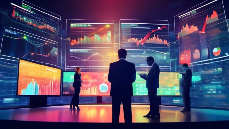 Create an image depicting the concept of Exchange Traded Notes (ETNs). The scene should feature a futuristic stock market environment with digital screens