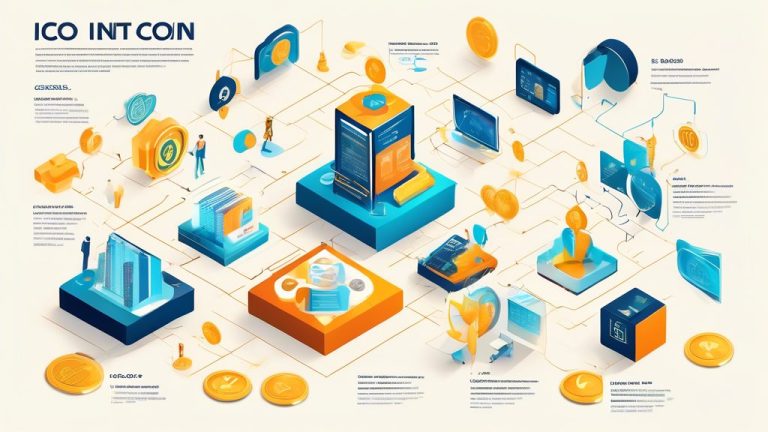 Create an educational infographic showcasing the concept of ICO (Initial Coin Offering) with visual elements like digital coins, a crowd of investors, and