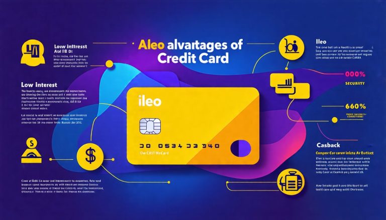 Create an informative infographic-style image showcasing the advantages and benefits of the Ileo credit card. Include visual elements like icons for reward