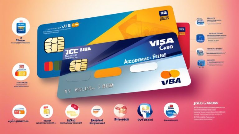 Create an informative and visually appealing illustration that compares JCB and Visa payment cards. The image should feature both card designs prominently,
