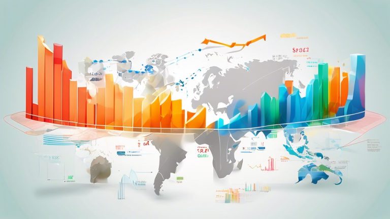Create an informative illustration of the MSCI index, featuring a diverse group of international stocks represented as colorful graphs and charts, with fin