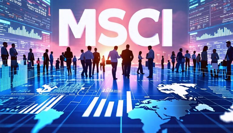 Create an image depicting a vibrant financial landscape featuring the MSCI logo prominently displayed. In the foreground, illustrate a diverse group of inv