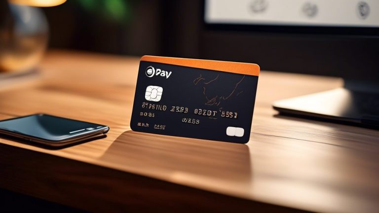 A modern credit card featuring the logo of 中油Pay, placed on a stylish wooden desk. Show various advantages highlighted around the card, such as 'Cashback R