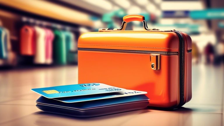 Create an image of a stylish credit card placed alongside a sleek suitcase in a modern shopping environment. The background should include shopping bags, a