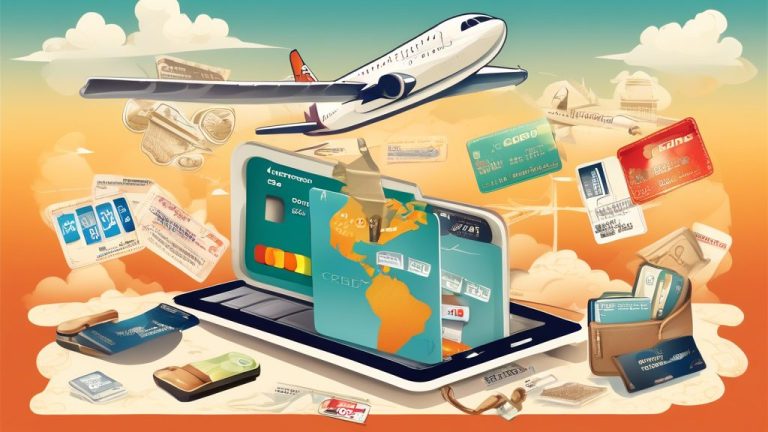 An imaginative and informative illustration depicting the benefits and precautions of using credit cards for purchasing airline tickets, featuring elements