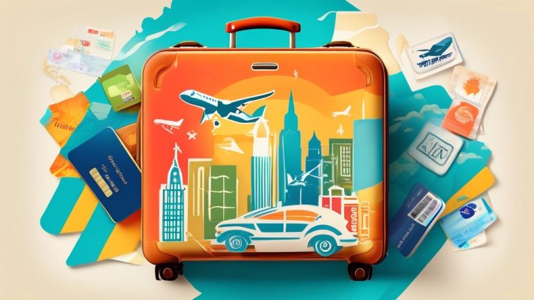 Create an image of a modern, stylish suitcase next to a credit card, with travel-related elements in the background such as an airplane, passport, and trav