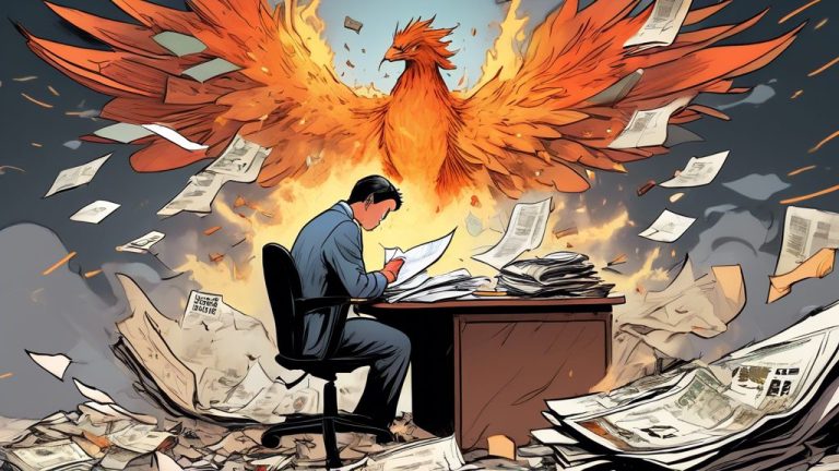 An illustrative scene depicting a person sitting at a desk, surrounded by bills and financial documents, looking stressed but determined. In the background