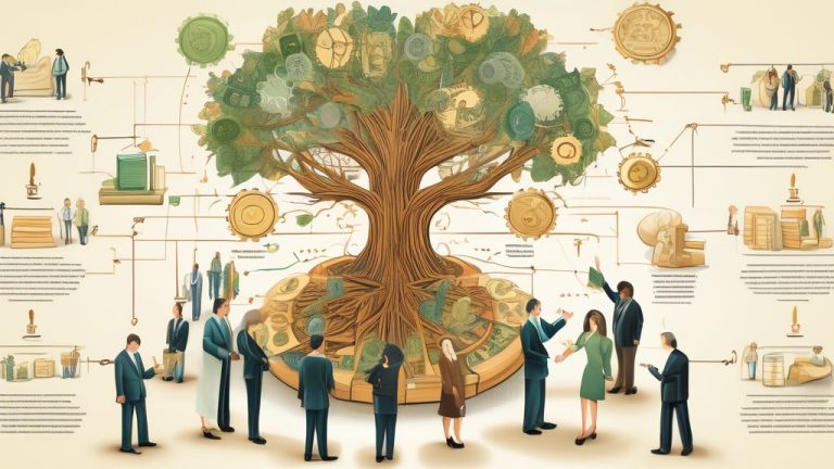 An imaginative illustration depicting the basic concepts and operational mechanisms of trusts, featuring a diverse group of people discussing over a large,