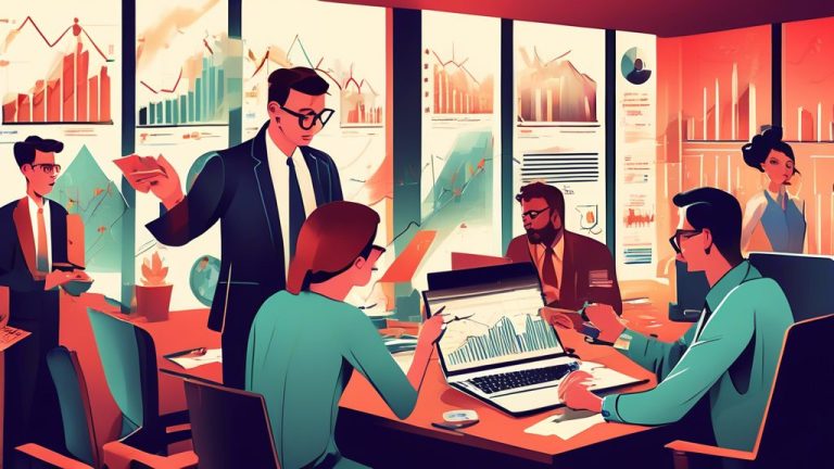 Create an illustration that depicts the concept of 'long investing' in financial markets, showcasing a diverse group of investors analyzing stock charts an