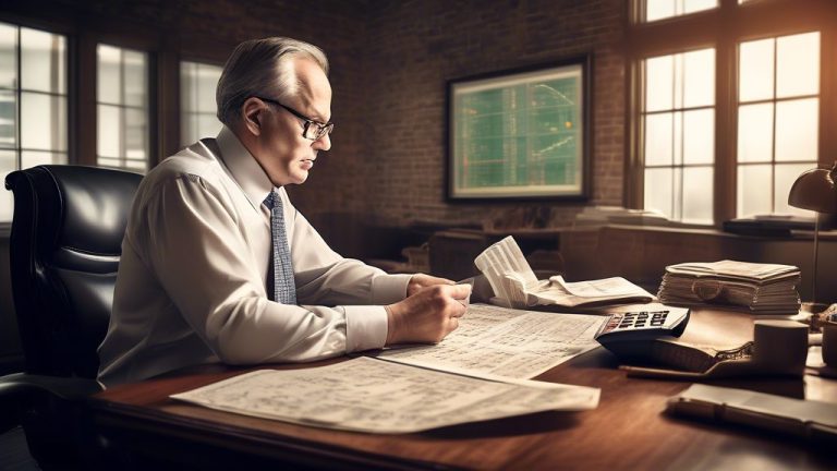 Create an image that illustrates the concept of value investing, featuring a calm, thoughtful investor analyzing stock market charts and financial reports