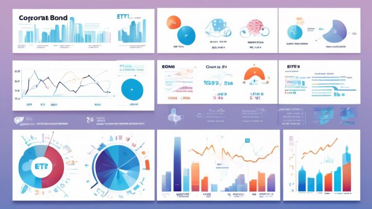 An infographic depicting the yield analysis of corporate bond ETFs, featuring line graphs, pie charts, and various financial symbols. The background should