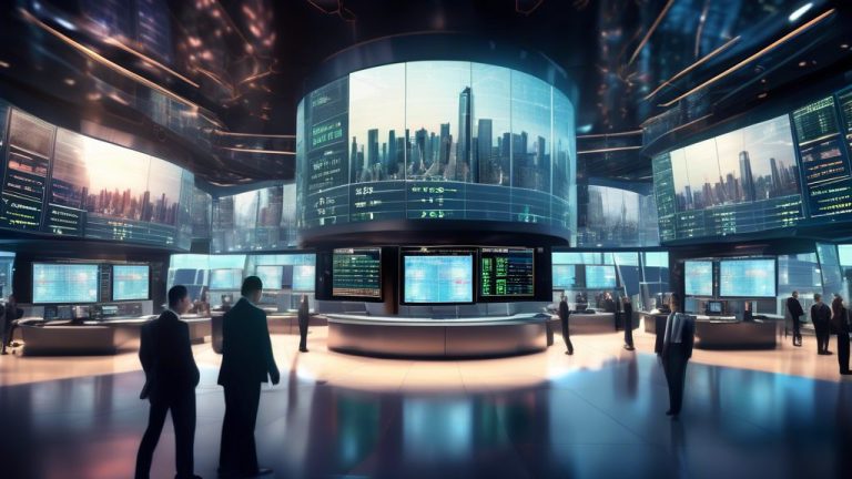 Create an image of a futuristic stock market trading floor filled with dynamic digital screens displaying company bond ETF charts and graph analyses. The s