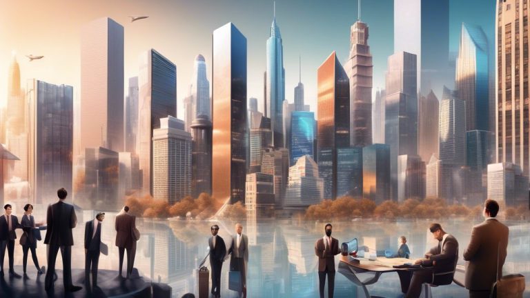 An artistic representation of the concept of corporate bonds in 2023, featuring a modern financial district skyline with skyscrapers, a graph showing upwar