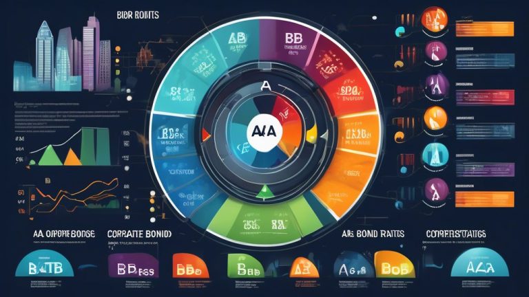 Create an informative illustration featuring a visual representation of corporate bond ratings. Include a chart showing the different ratings (AAA, AA, A,