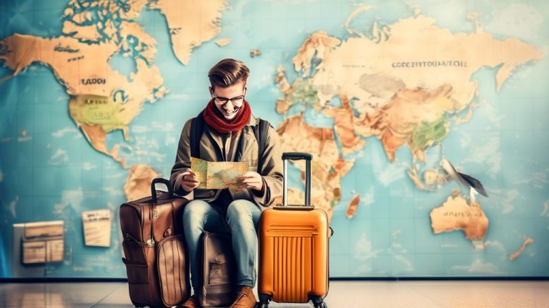 Create an image of a traveler at an airport, holding a credit card with a beautiful world map background. Include various travel-related items such as a su