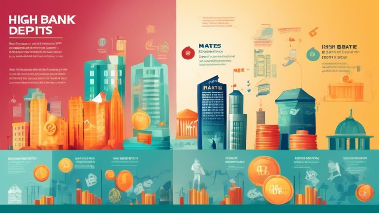 An infographic comparing high interest rates on fixed deposits from different banks, featuring colorful charts and symbols such as bank buildings, money st
