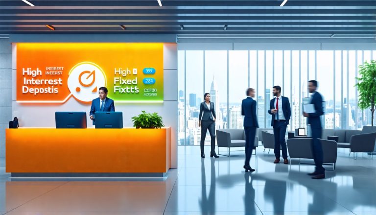 Create an image of a modern bank interior showcasing a promotional display for high-interest fixed deposits. Include sleek design elements, friendly bank s