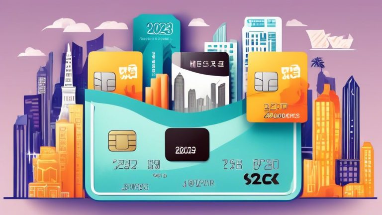 An artistic illustration of various credit cards prominently featuring '2023年回饋最多的信用卡推荐' in an elegant font. Include symbols of rewards like cash, travel i