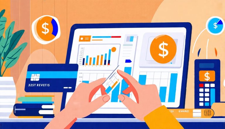 An artistic representation of a person analyzing credit card rewards on a laptop, surrounded by various credit cards and financial tools. Include elements