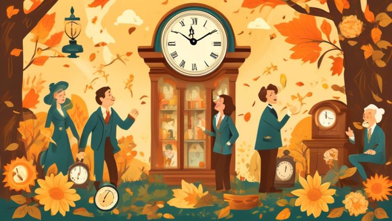 Create an illustration depicting the history and impact of Daylight Saving Time. Show a vintage clock surrounded by historical figures discussing timekeepi