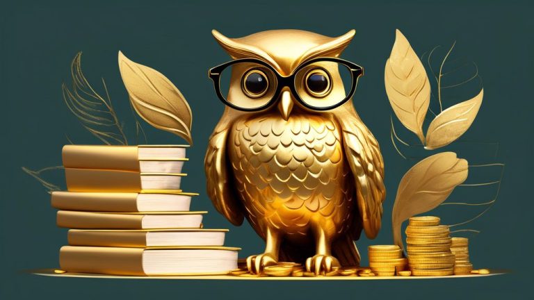 Create an image showcasing a variety of gold-themed financial wisdom concepts. Illustrate a serene scene with a wise old owl wearing glasses, sitting on a