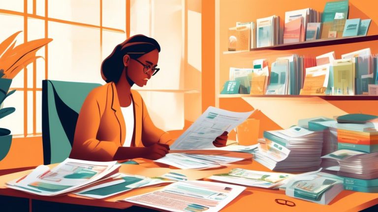 Create an illustration of a person sitting at a desk surrounded by various bank brochures and documents, analyzing different fixed deposit plans. The scene