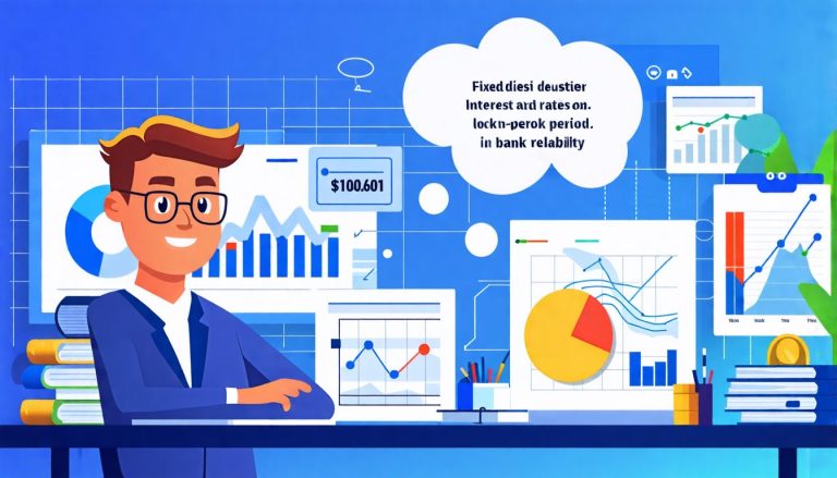 An informative and visually appealing illustration showing a modern financial advisor at a desk, surrounded by charts and graphs about various fixed deposi