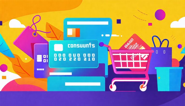 Create an image that visually represents the concept of consumer rewards programs, featuring elements like credit cards, shopping carts, and various produc