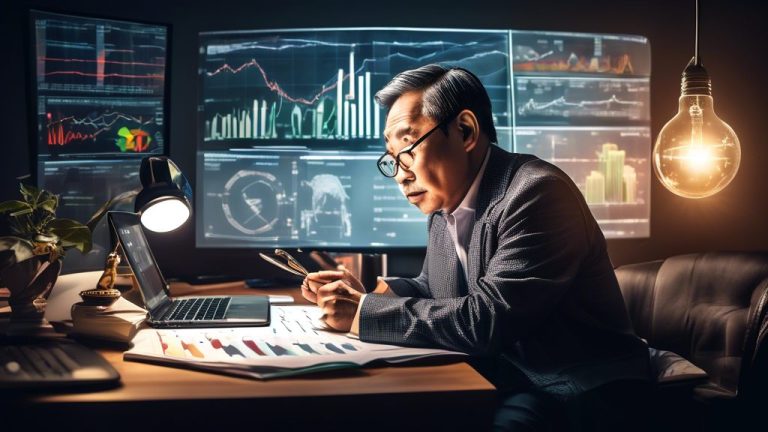 Create an image depicting a wise investor sitting at a desk filled with financial charts and stock market data. The investor, a middle-aged Asian man, is a