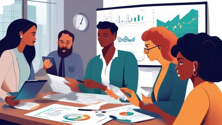 Create an illustration depicting a diverse group of people discussing investment-linked insurance policies in a modern office setting. Include individuals