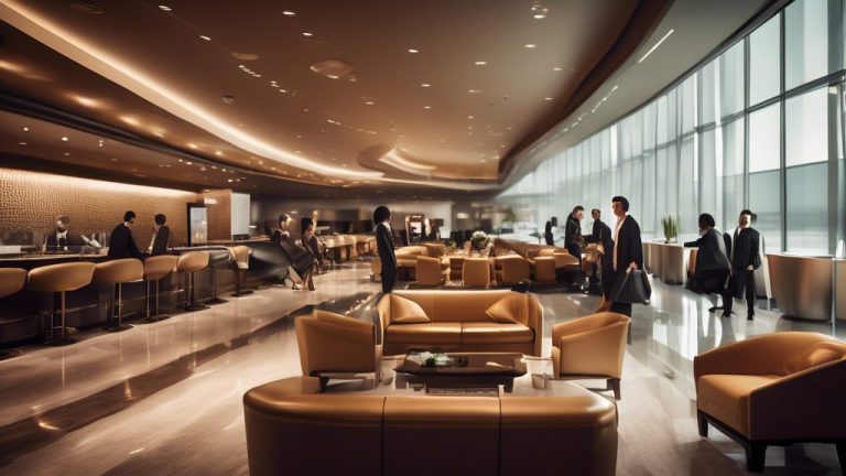 An elegant airport VIP lounge scene featuring a diverse group of travelers using luxury credit cards to access exclusive amenities. Show comfortable seatin