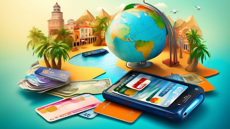 Create an image that visually represents the concept of smart choices in overseas spending with credit cards. Include elements such as a traveler using a c