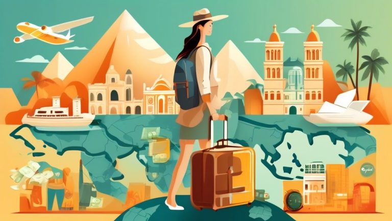 Create an image that depicts a traveler in an exotic location, happily using a credit card for purchases. Include elements like a scenic backdrop of famous