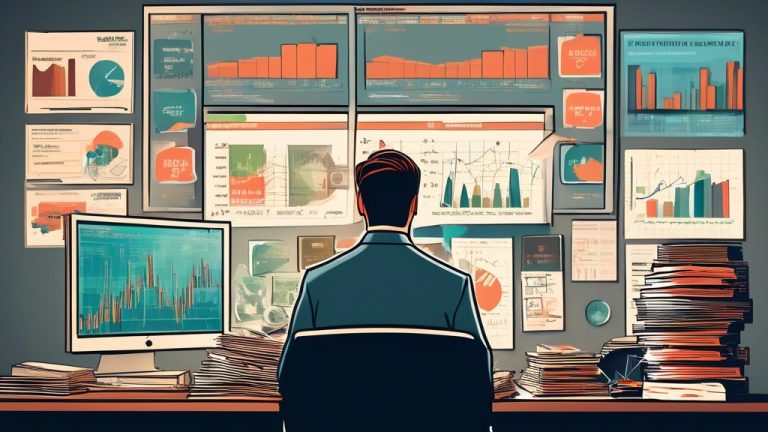 An illustration depicting a financial expert in a modern office setting, surrounded by charts and graphs, looking skeptically at a large High-Dividend ETF