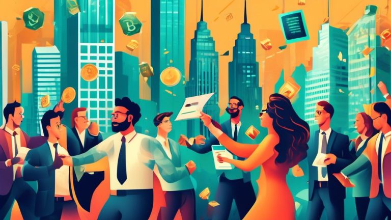 Create an image that illustrates a vibrant and engaging financial scene featuring various finance influencers enthusiastically promoting high-dividend ETFs