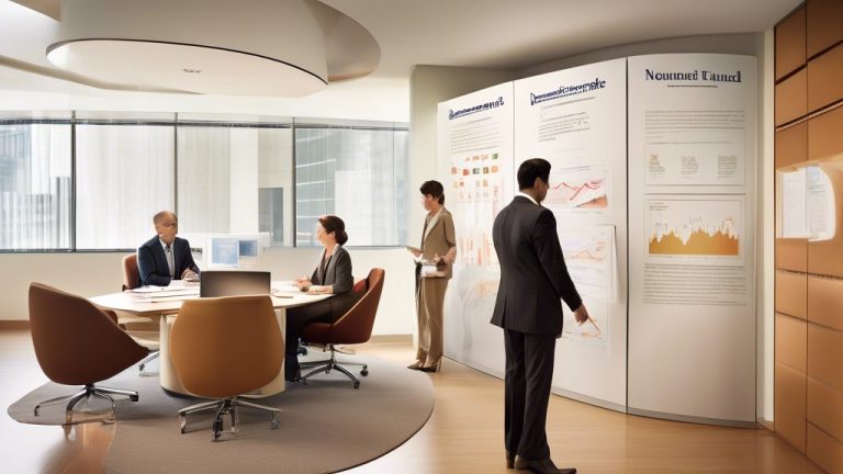 Create an image of a serene and inviting financial office setting, with an elegant desk showcasing the Nomura Quality Fund brochure. In the background, a c