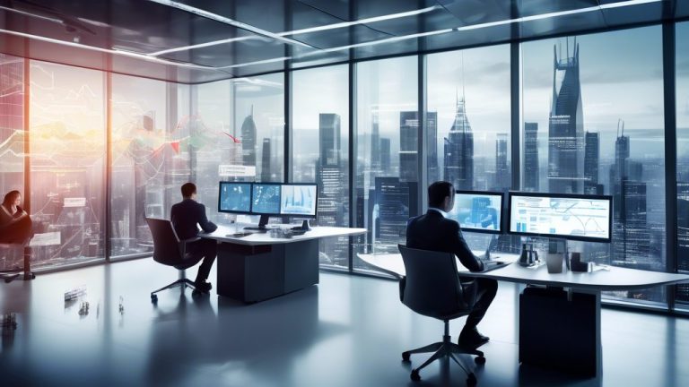 Create an image depicting a modern investment office with digital screens showing stock trends and high-tech gadgets. In the foreground, feature a diverse