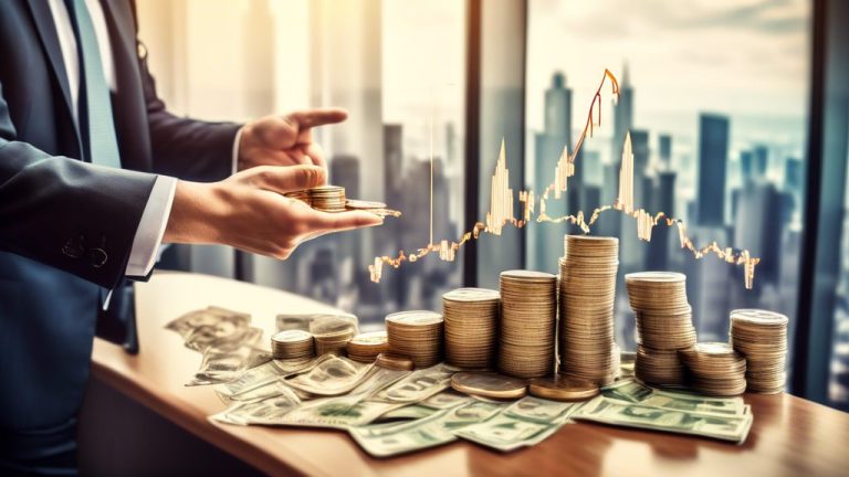 Create an image of a financial advisor pointing at a graph displaying the upward trend of high-dividend ETFs. Surround the advisor with stacks of coins and