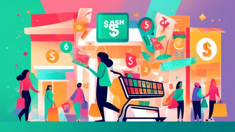 An illustration depicting the concept of cash back rewards, featuring a person happily shopping with a shopping cart filled with various items, while cash
