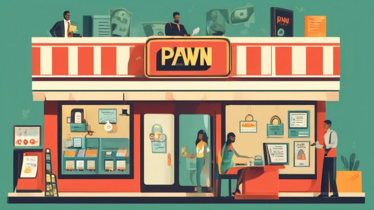 An informative visual representation of a pawn shop loan, showcasing its pros and cons. On one side, illustrate the advantages like quick cash, easy approv