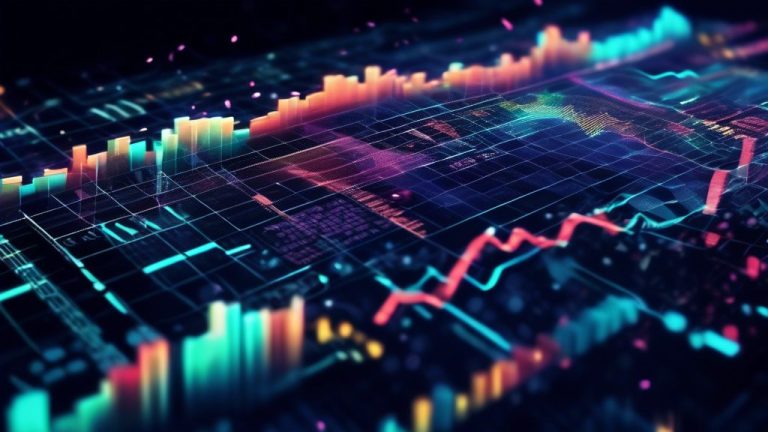 An abstract visualization of algorithmic trading methods enhancing investment efficiency, featuring dynamic charts, digital code elements, and a futuristic