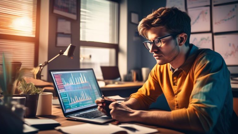 Create an image that depicts a beginner investor analyzing stock market graphs and charts on a computer screen. The scene should include visually engaging