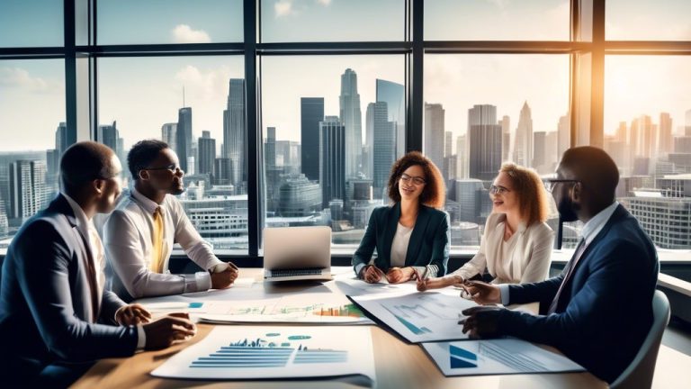 Create an image depicting a diverse group of people in a modern office setting, engaged in discussions about financing. The scene should include charts and
