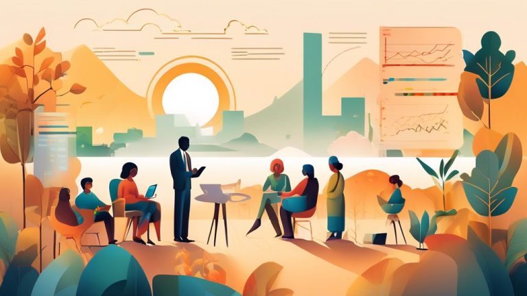 An illustration of a tranquil investment scene, featuring a serene landscape with a rising sun symbolizing growth and opportunities. In the foreground, a d
