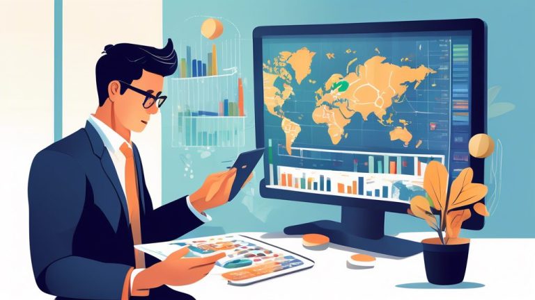 Create an illustration depicting a financial advisor analyzing risk levels of a high-quality fund, featuring charts and graphs on a digital tablet, with a