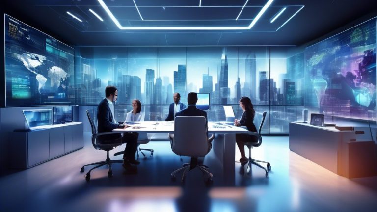 Create an image of a futuristic high-tech office space where a diverse group of professionals are collaborating over digital interfaces showcasing investme